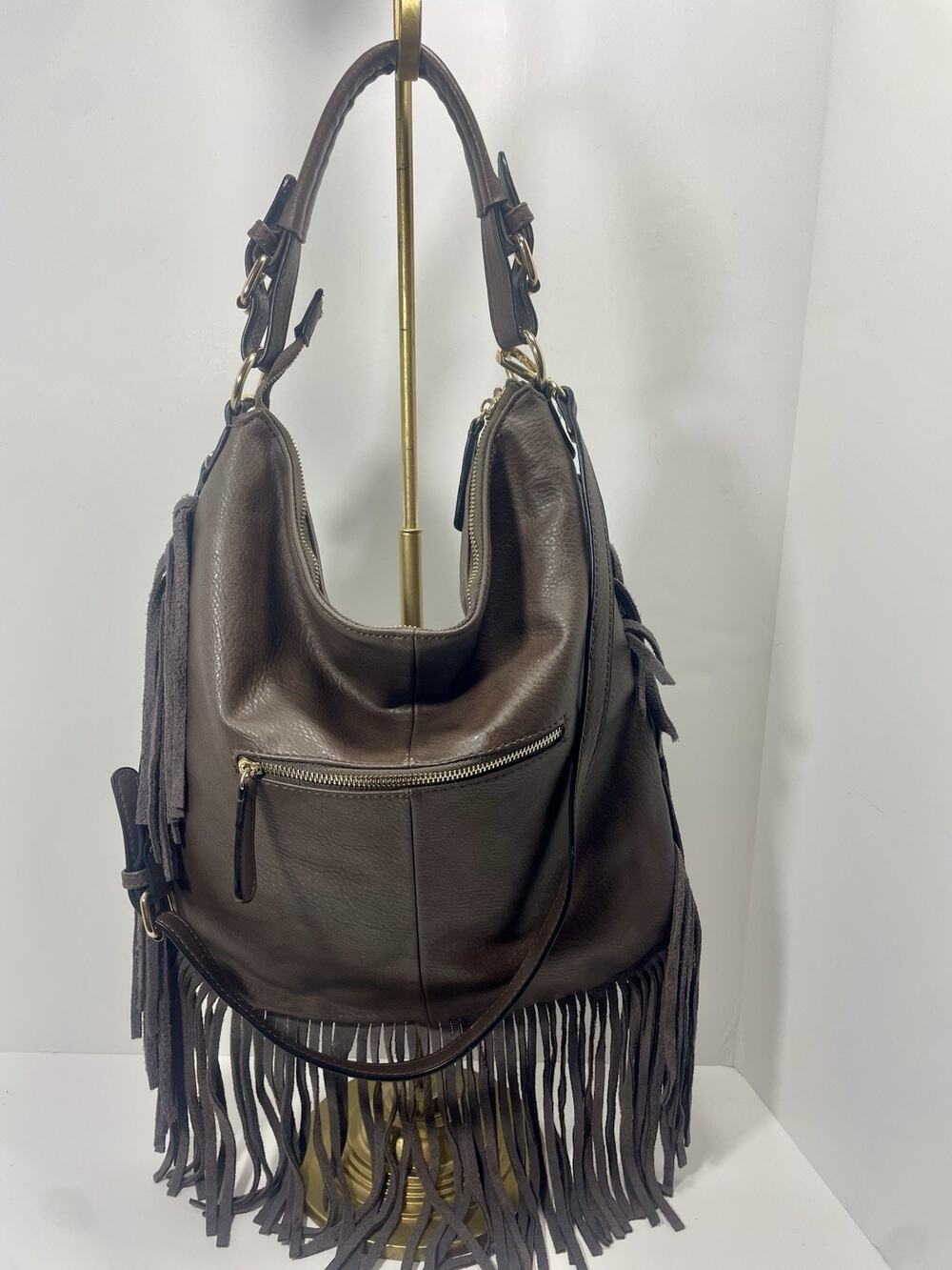 Stevie Hobo Moda Luxe fringe, vegan leather crescent shoulder bag Olive brown